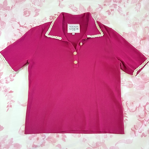 Alexia Admor Tops - Alexia Admor Fuchsia Pink Polo Top with Pearl Trim